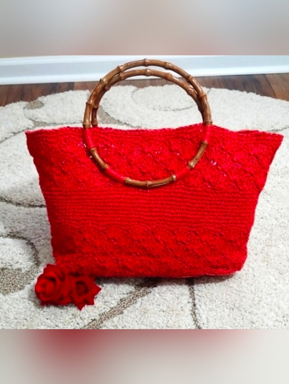 Red Crochet Tote Bag with Bamboo Handles